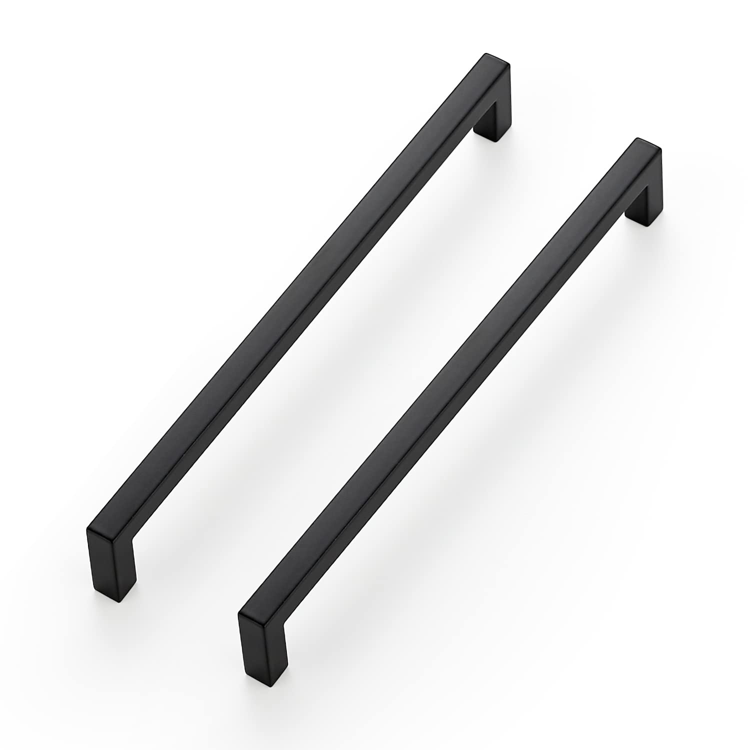 Matte black slim square bar drawer handles, 7-1/2 inch, ideal for kitchen cabinets, offering a modern touch to furniture.