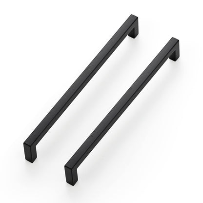 Matte black slim square bar drawer handles, 7-1/2 inch, ideal for kitchen cabinets, offering a modern touch to furniture.