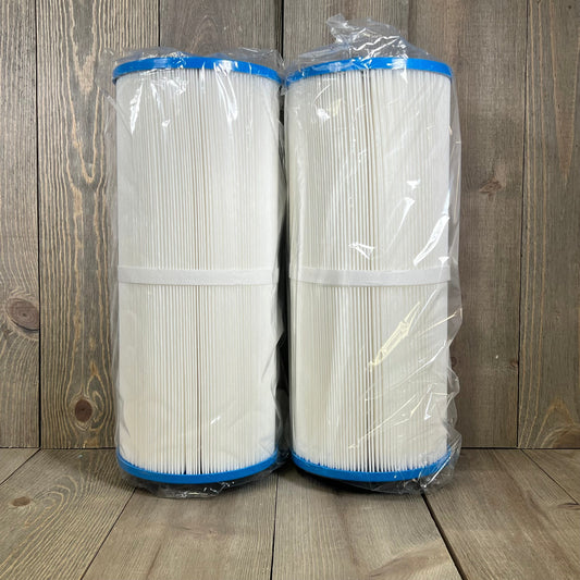 Two-pack Jacuzzi spa filter replacements, model 1047177217-JIOTAR 14081, sealed in plastic on a wooden surface.