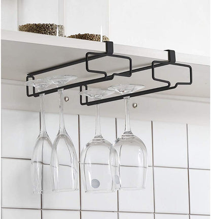 Under-cabinet black wine glass holder displaying stemware, maximizing kitchen storage and organizing glassware efficiently.