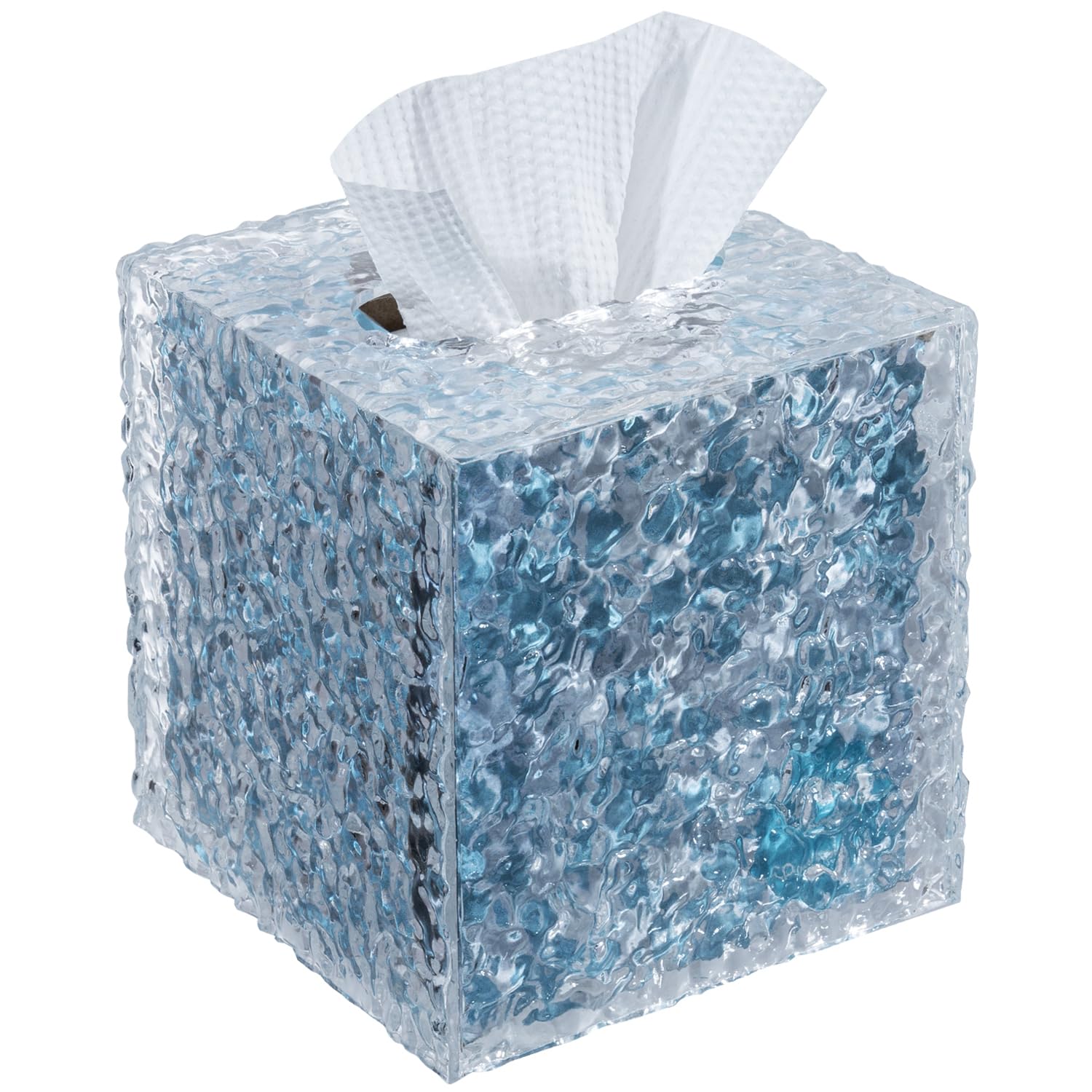 Clear acrylic tissue holder with ripple texture, perfect for modern bathrooms. Stylish square box for face tissues.