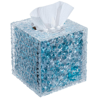 Clear acrylic tissue holder with ripple texture, perfect for modern bathrooms. Stylish square box for face tissues.