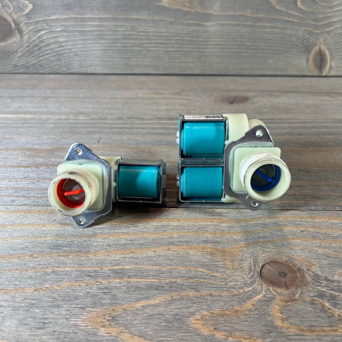 Washer water valve set for cold and hot sides, compatible with Kenmore Samsung models, by TOMOON, on wooden surface.