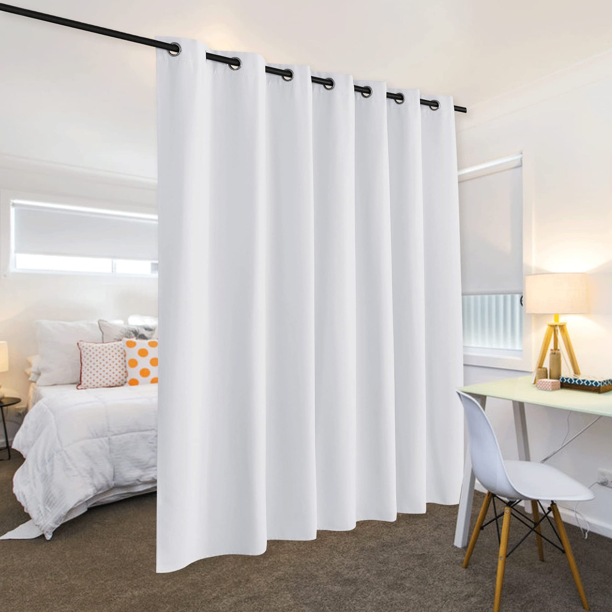 Greyish white privacy curtain for sliding glass doors, insulating and noise-reducing, perfect for bedrooms or living rooms.