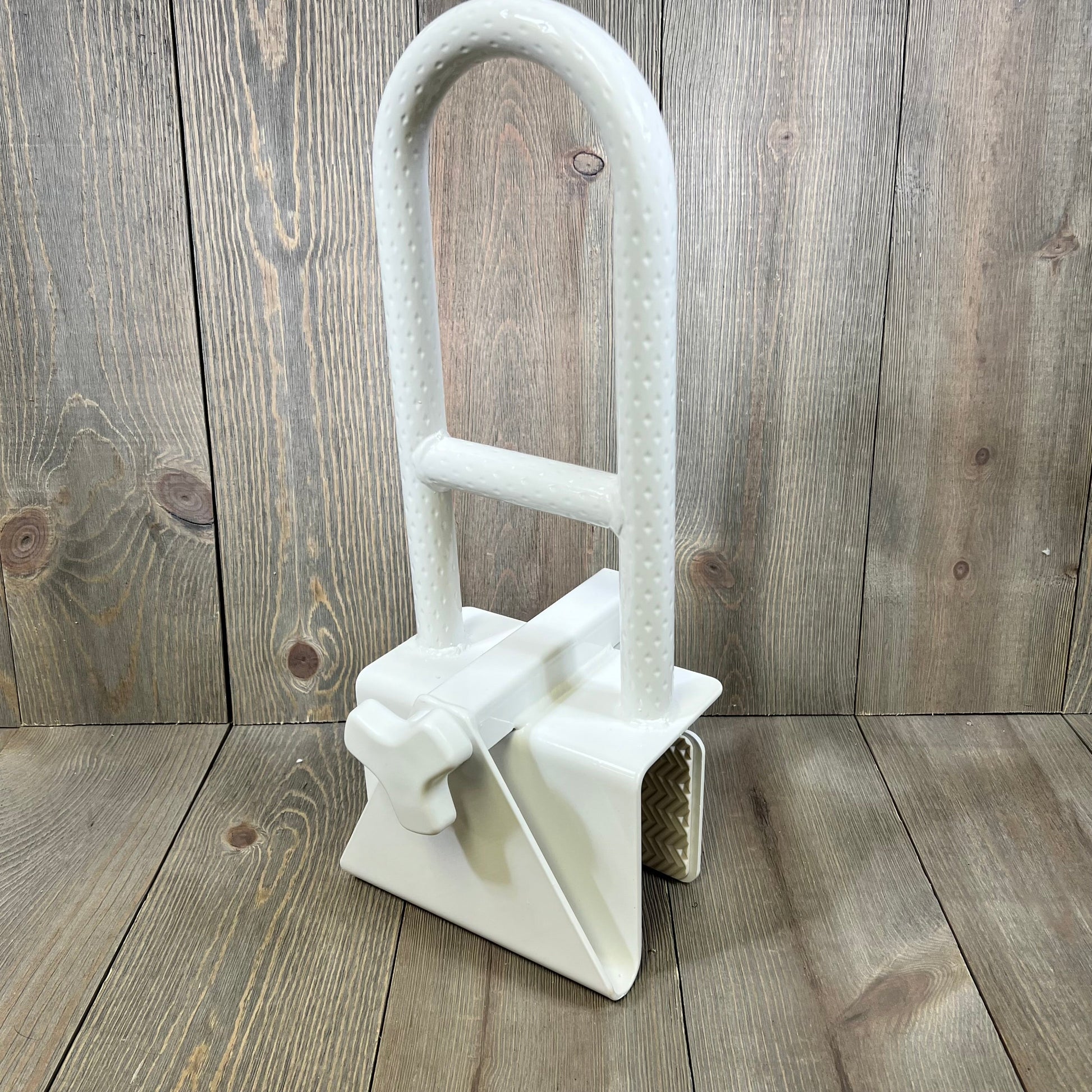 Heavy-duty white bathtub safety rail with anti-slip grip, designed for seniors and handicapped individuals, 300 lbs capacity.