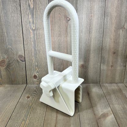Heavy-duty white bathtub safety rail with anti-slip grip, designed for seniors and handicapped individuals, 300 lbs capacity.