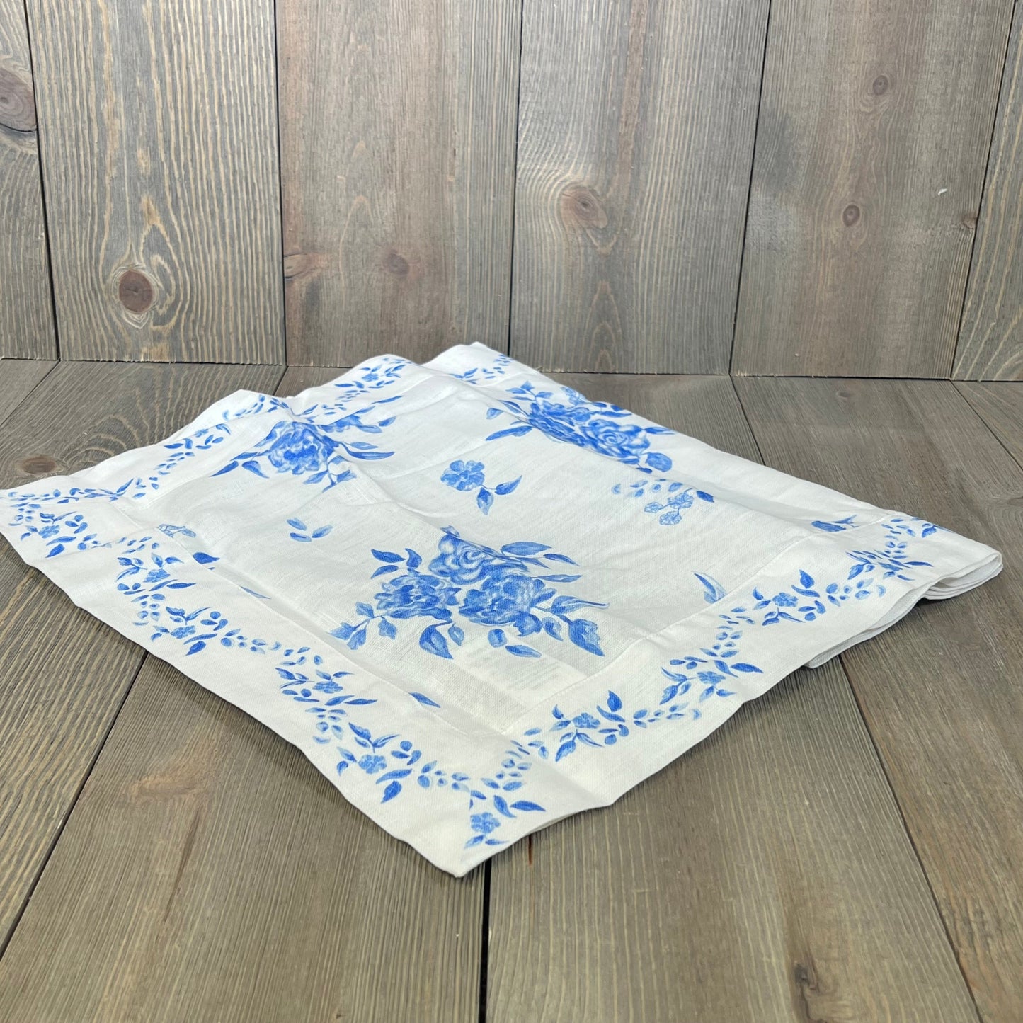 Blue floral table runner in pure linen, 48-inch, handcrafted with Jolie Fleur print, perfect for summer table decor.
