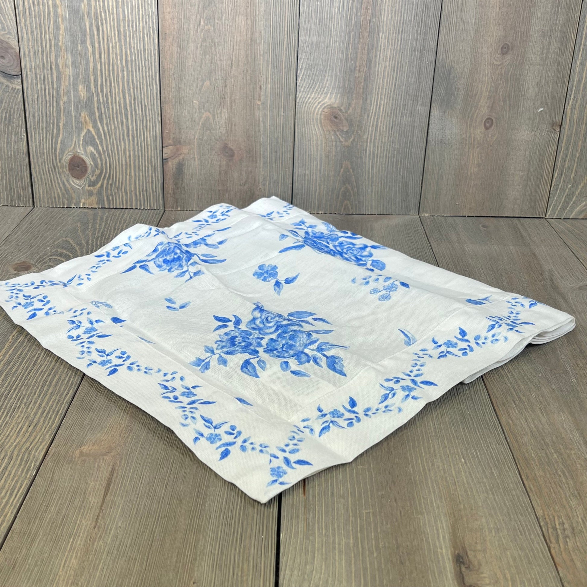 Blue floral table runner in pure linen, 48-inch, handcrafted with Jolie Fleur print, perfect for summer table decor.