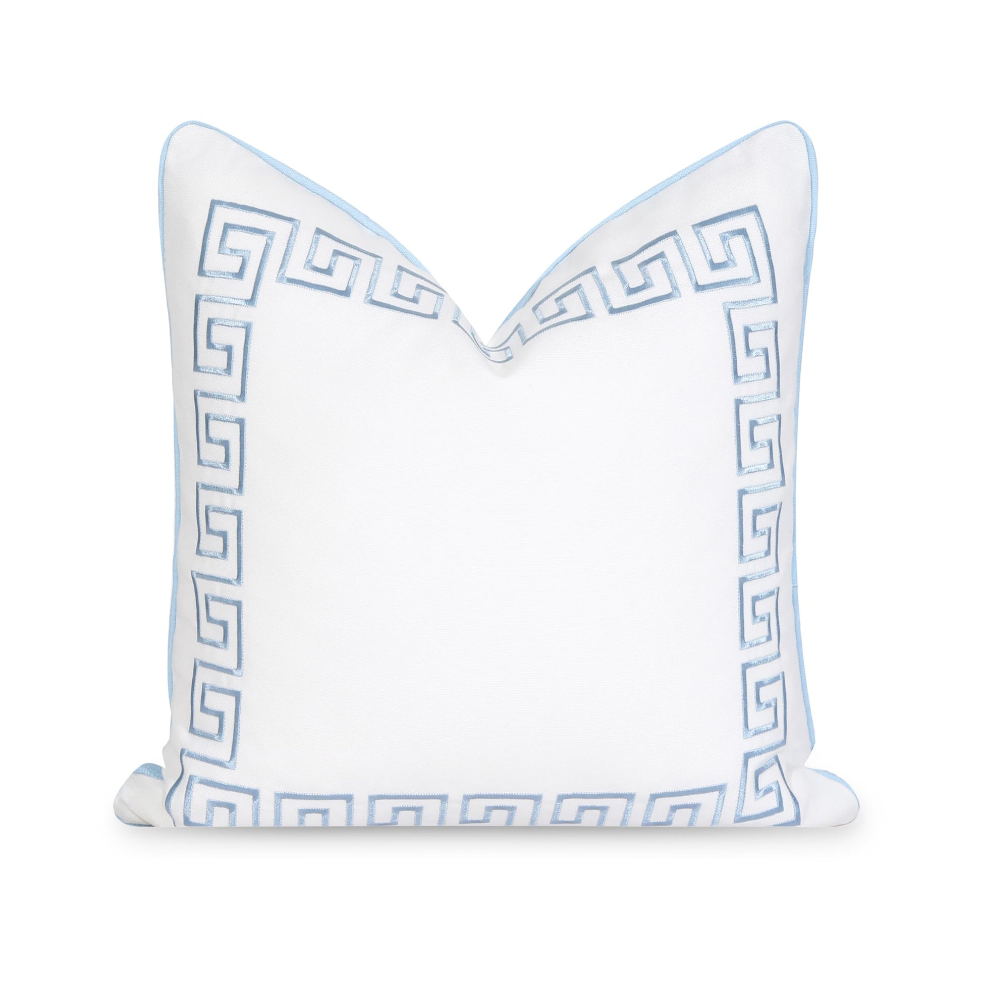 Elegant baby blue Greek key design on water-repellent 20"x20" pillow cover, perfect for coastal patio decor.