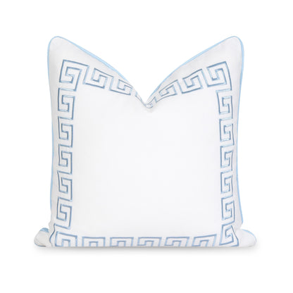 Elegant baby blue Greek key design on water-repellent 20"x20" pillow cover, perfect for coastal patio decor.