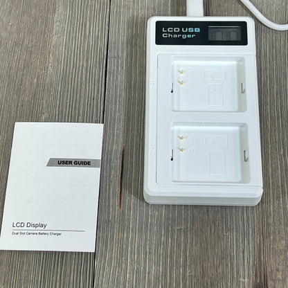 LCD dual charger station for Arlo Pro batteries with user guide, featuring USB-C connectivity for efficient charging.