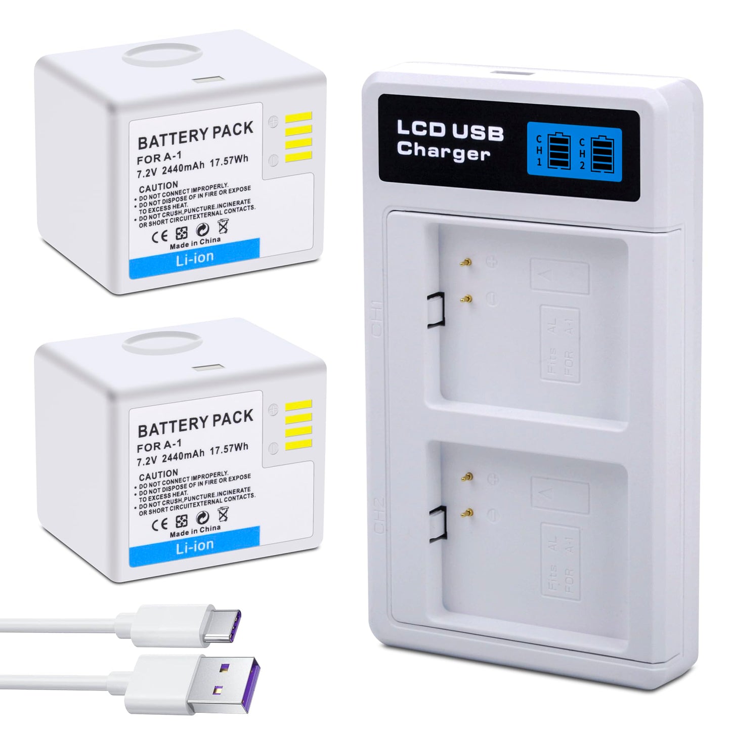 Rechargeable A-1 VMA4400 batteries for Arlo Pro with LCD charger, dual USB-C cable, 2440mAh, 7.2V, indoor/outdoor use.