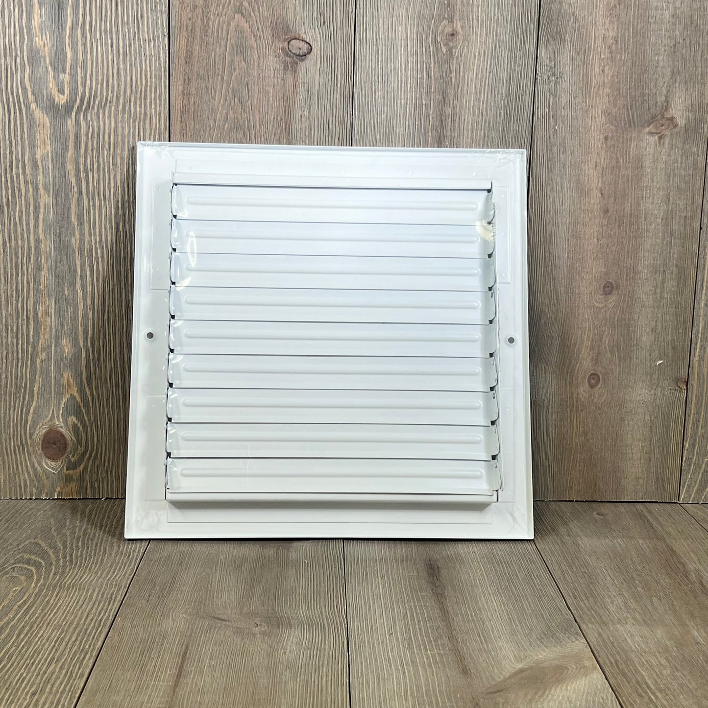White 3-way air diffuser with fixed curved blades for 10x10 duct opening, ideal for sidewall and ceiling installation.