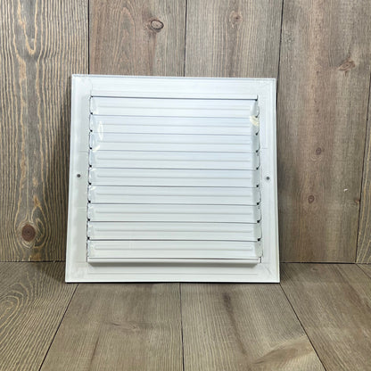 White 3-way air diffuser with fixed curved blades for 10x10 duct opening, ideal for sidewall and ceiling installation.