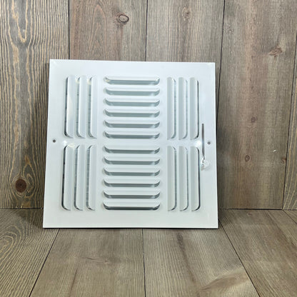 White 3-way air diffuser with curved blades, fits 10x10 duct openings, ideal for sidewall or ceiling installation.