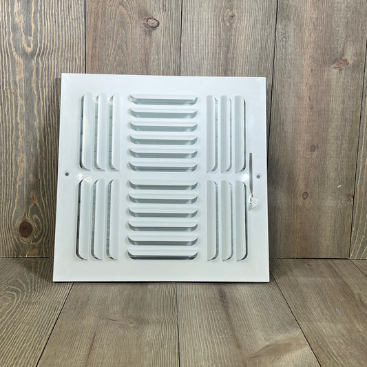 White 3-way air diffuser with curved blades, fits 10x10 duct openings, ideal for sidewall or ceiling installation.