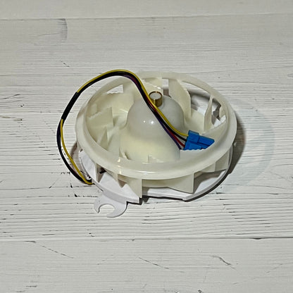 Refrigerator evaporator fan motor assembly for LG, featuring wiring and connectors, enhances freezer cooling efficiency.