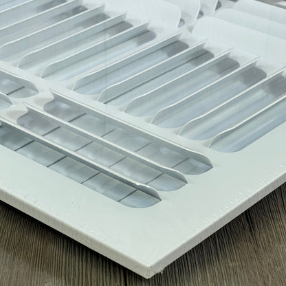White 3-way air diffuser with curved blades, fits 10x10 duct, by Handua. Ideal for sidewall and ceiling vents.
