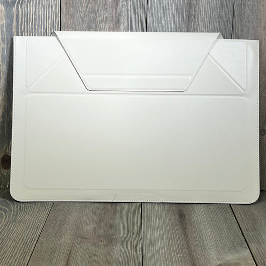 Ultra-slim MOFT laptop sleeve in beach white, designed for MacBook, featuring expandable storage and adjustable stands.