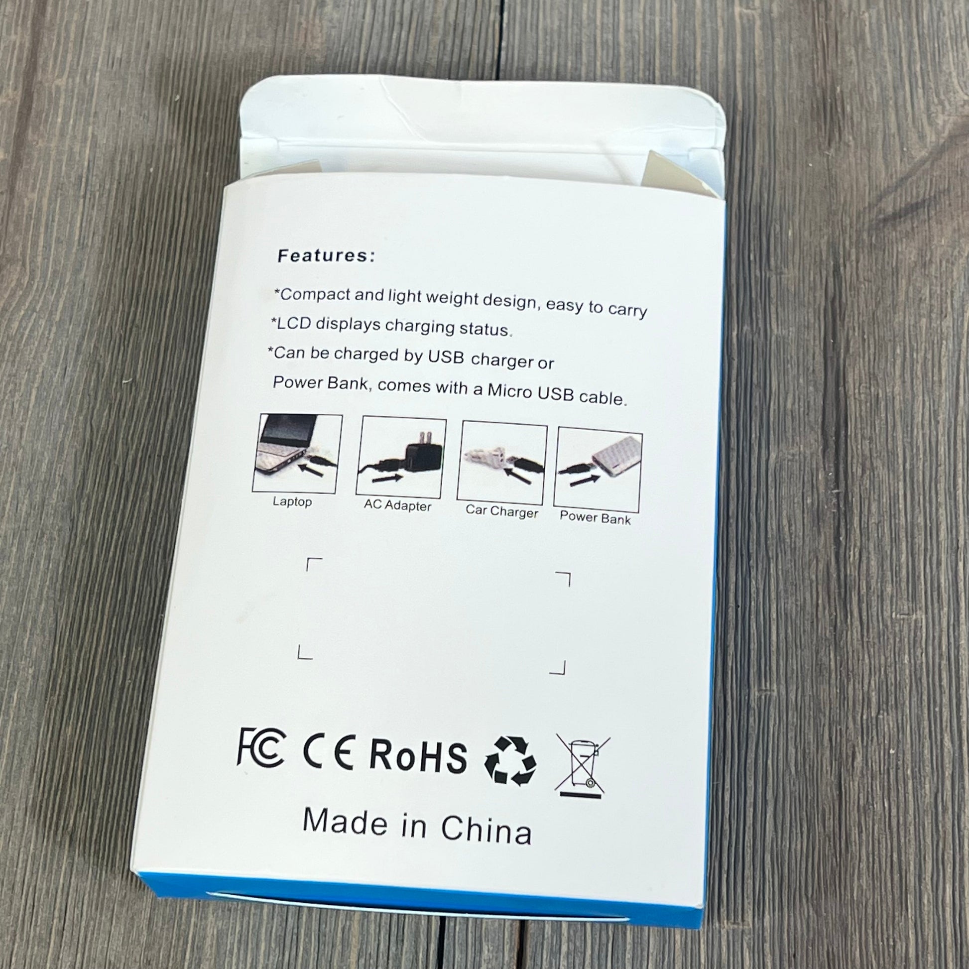 Rechargeable A-1 VMA4400 Batteries packaging with features, USB charging options, and LCD display description.