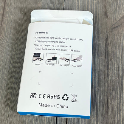 Rechargeable A-1 VMA4400 Batteries packaging with features, USB charging options, and LCD display description.