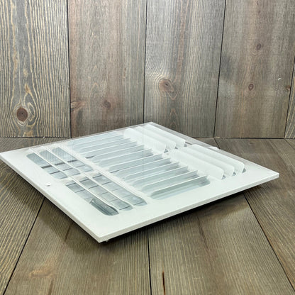 White 3-way curved blade air supply diffuser for 10x10 duct opening, ideal for sidewall and ceiling installation.