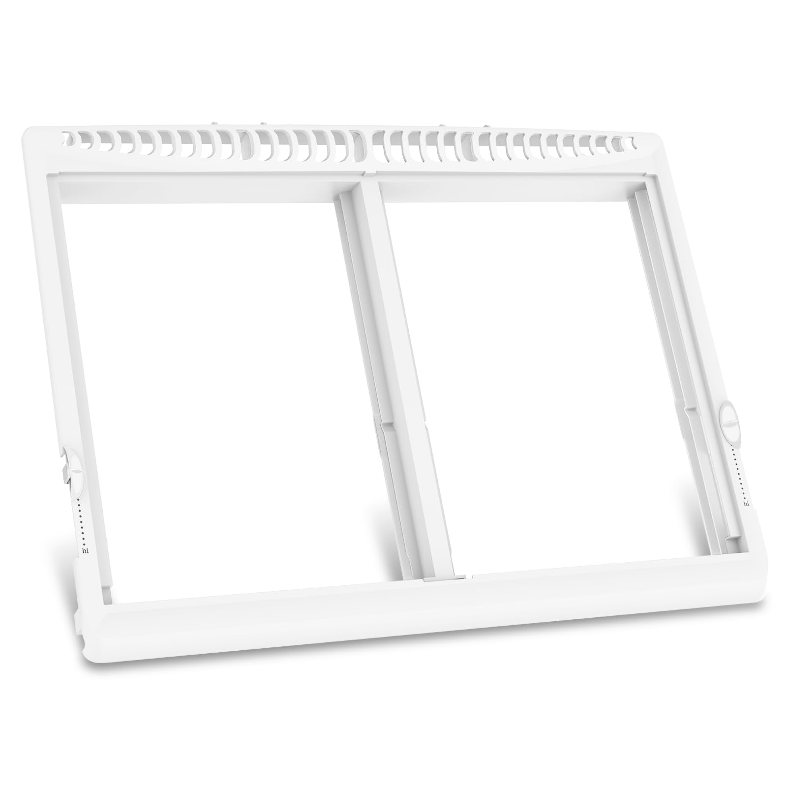 White refrigerator crisper drawer cover frame compatible with Frigidaire models, featuring dual compartments and vent design.