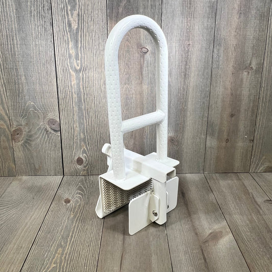 Heavy-duty white bathtub safety rail with anti-slip grip and secure mount, ideal for seniors and handicapped, 300 lbs capacity.