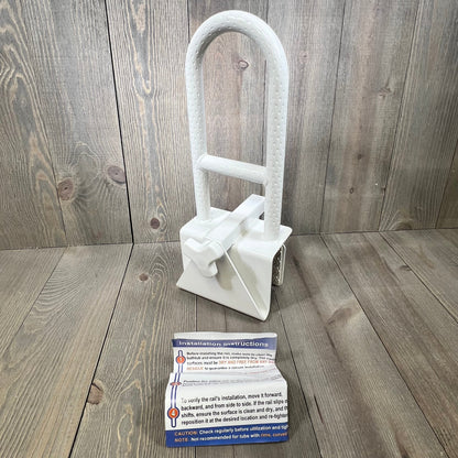 Heavy-duty white bathtub safety rail with anti-slip grip and installation guide, ideal for seniors and handicapped safety.