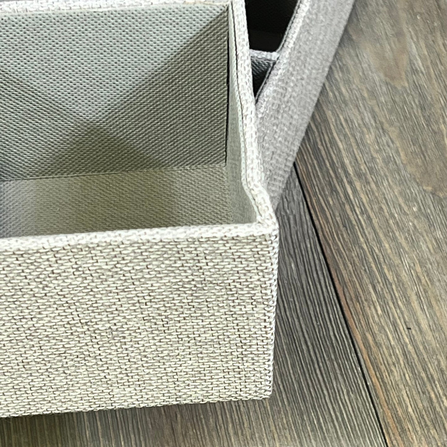 Gray fabric drawer organizer tray with textured finish, perfect for tidying household essentials; part of a 2-pack set.
