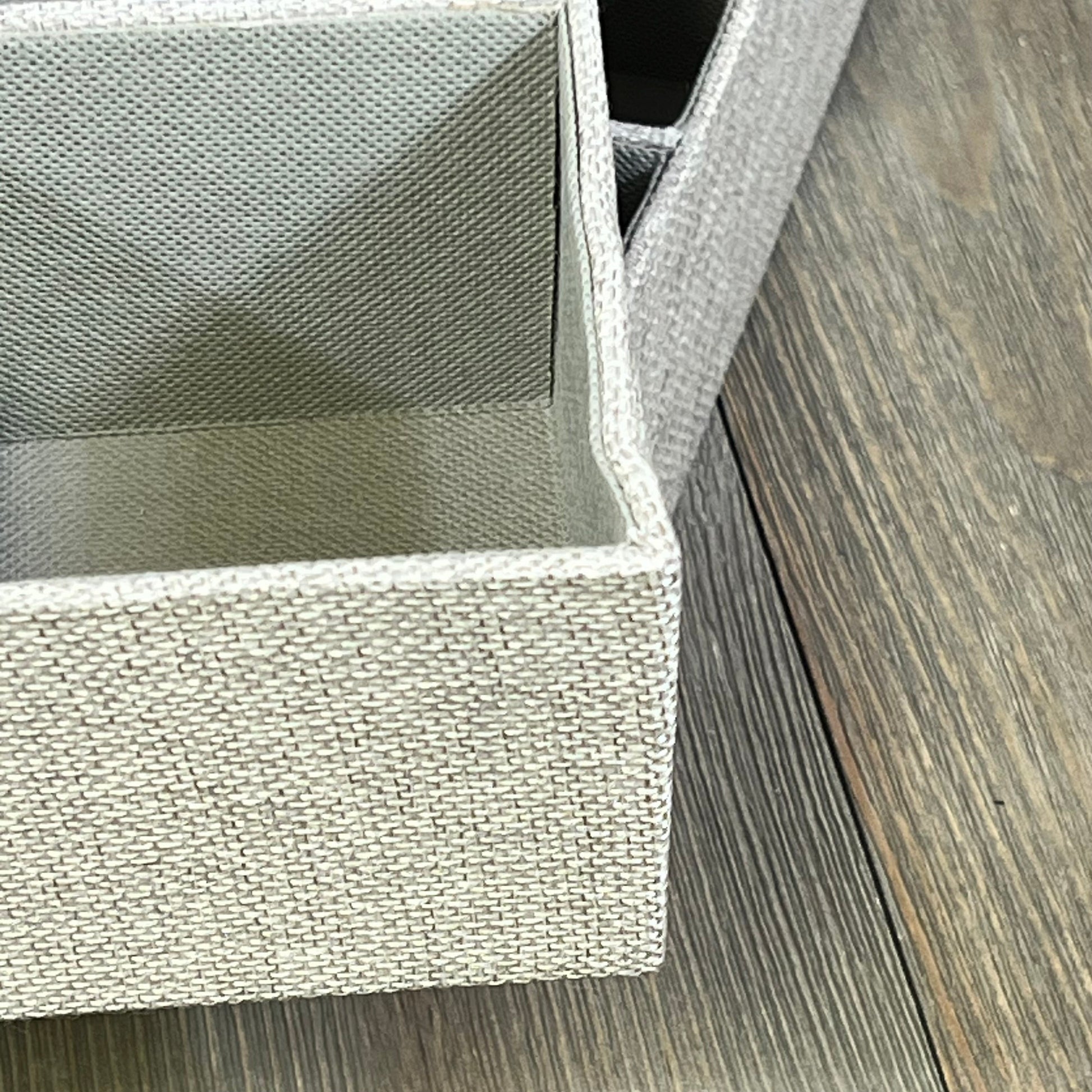 Gray fabric drawer organizer tray with textured finish, perfect for tidying household essentials; part of a 2-pack set.
