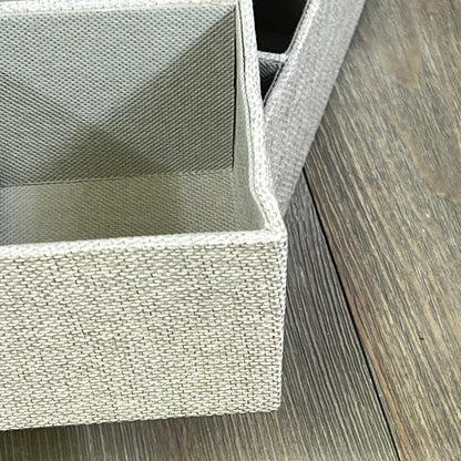 Gray fabric drawer organizer tray with textured finish, perfect for tidying household essentials; part of a 2-pack set.