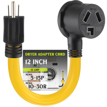 Yellow 1 FT dryer adapter cord with 5-15P to 10-30R plugs, 15 Amp, for 120V devices and EV power solutions.