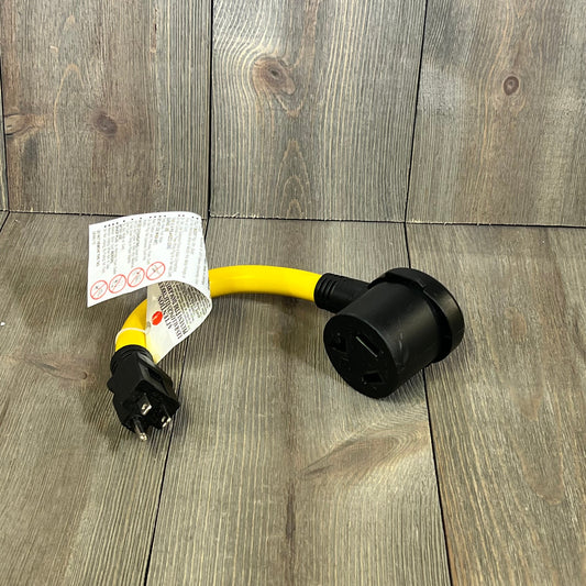 Yellow Kanayu dryer adapter cord with 3-prong female receptacle for 120V devices, ideal for EV power solutions.