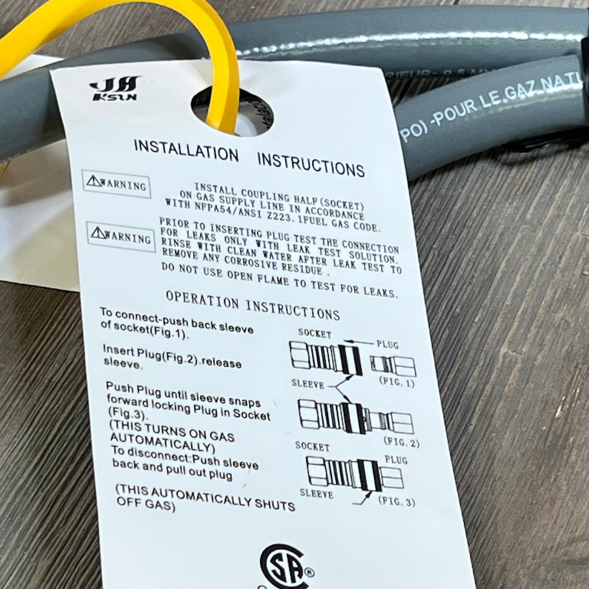 Natural gas hose with quick connect fitting and installation instructions for Weber grills and Blackstone griddles.