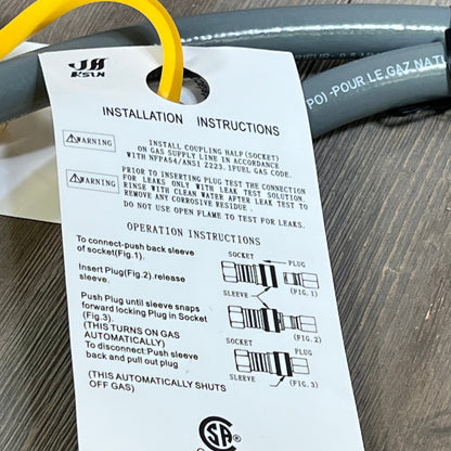 Natural gas hose with quick connect fitting and installation instructions for Weber grills and Blackstone griddles.