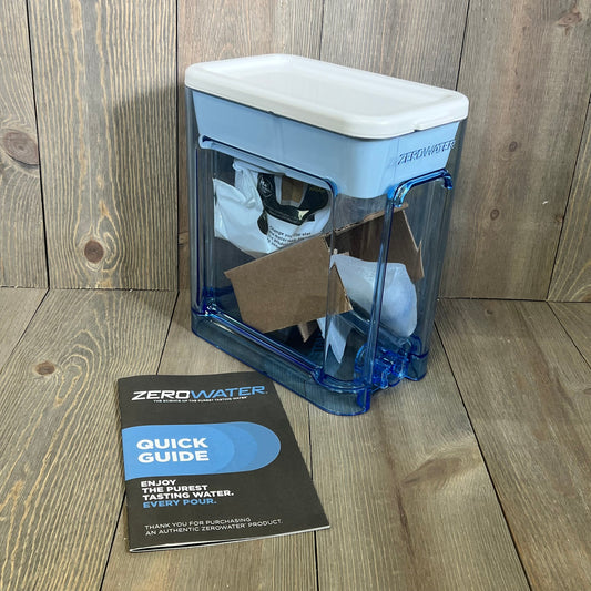 ZeroWater 22-cup dispenser with 5-stage filter and quick guide for pure, lead-free tap water taste improvement.